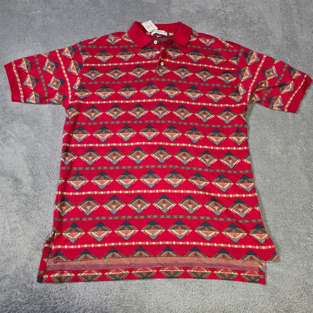 Tricots St Raphael Mens Medium Polo Shirt Red Geometric Diamond Made in USA NWT